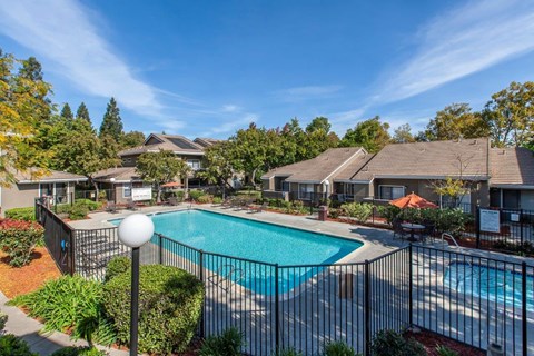 Two Bedroom Apartments in Morgan Hill CA - Monte Vista - Pool and Surrounding Area with Seating, Hot Tub, and Greenery pool aerial view