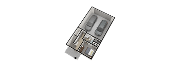 3d floor plan of a small house with two cars