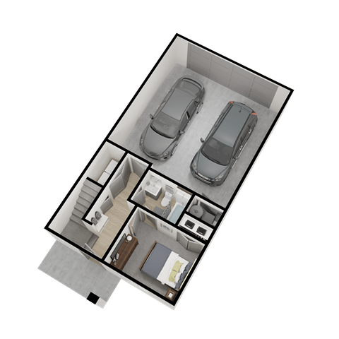 3d floor plan of a small house with two cars
