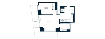 A floor plan of a house with a bedroom, living room, and terrace.
