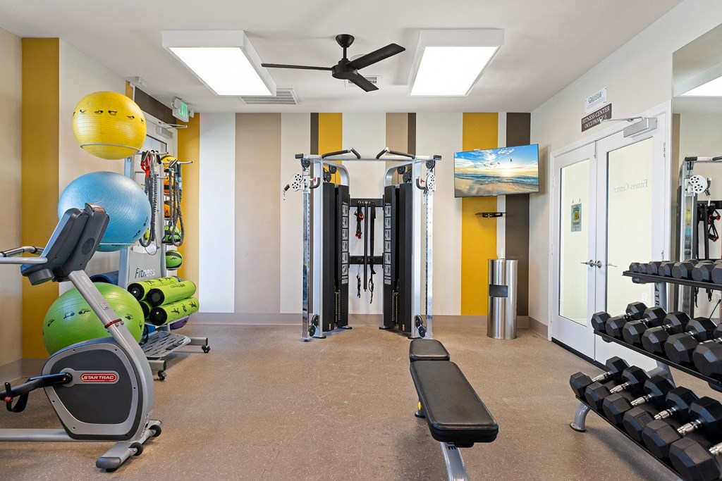 a gym with weights and cardio machines and a ceiling fan