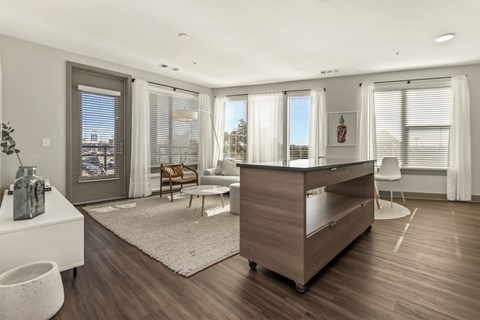 a living room with a desk and a rug