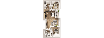 A top-down view of a modern apartment layout with a kitchen, living room, and bedrooms.
