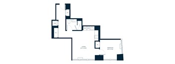 A floor plan of a living space with a bedroom and a living area of 127 x 108.