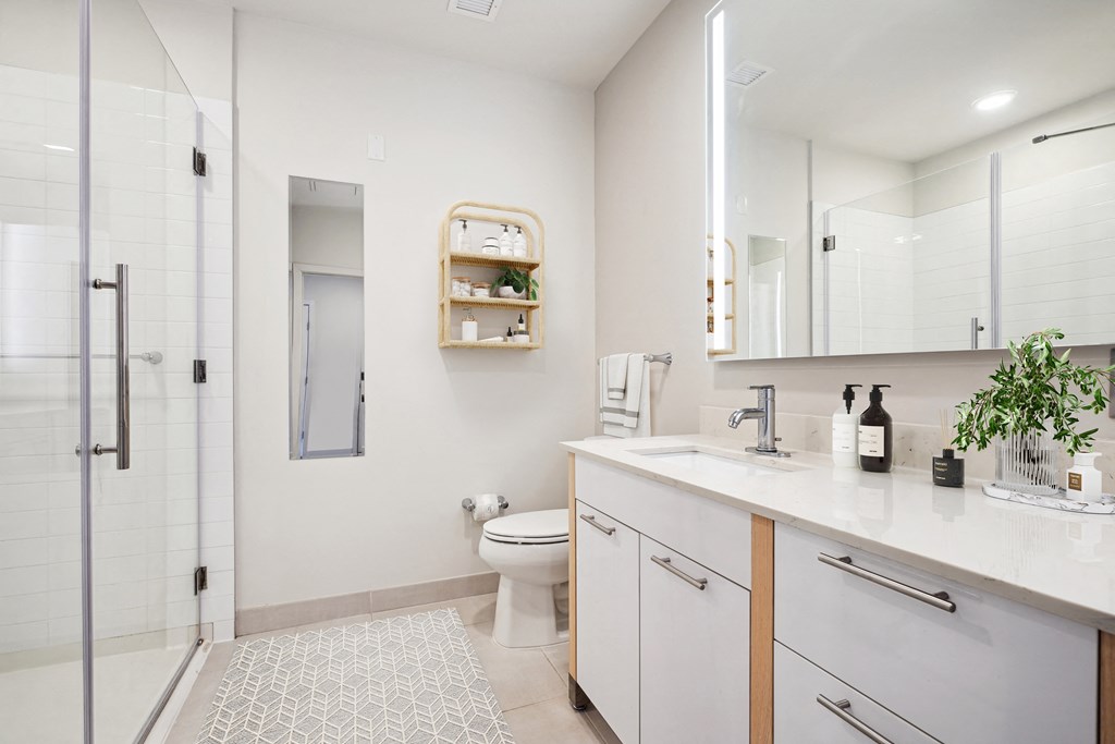 a bathroom with a shower and a sink and a toilet
