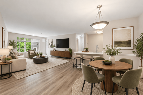 A modern living room with a wooden floor and furniture.