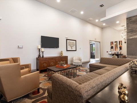 a living room with couches and chairs and a television