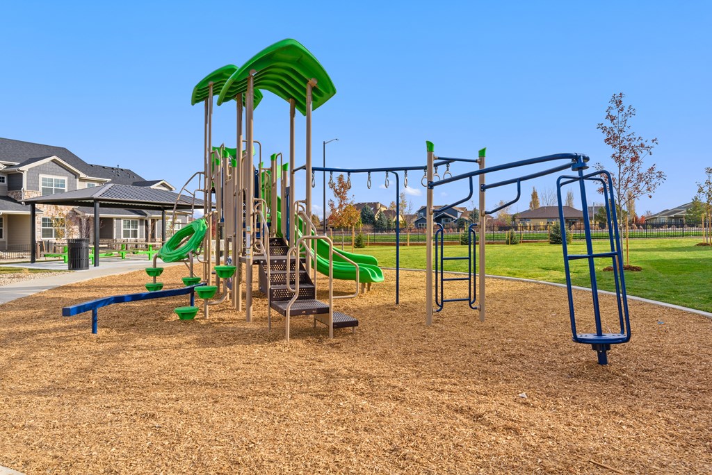 a playground with slides and monkey bars in a park