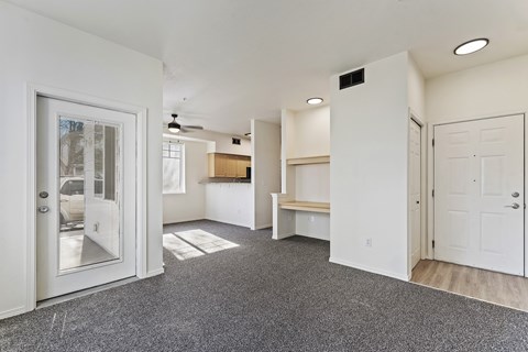 A spacious room with a grey carpet and white walls.