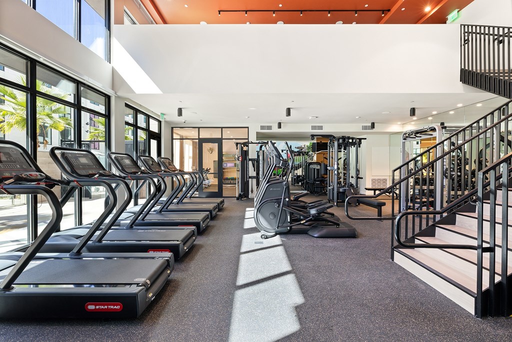 A gym with treadmills and a staircase.