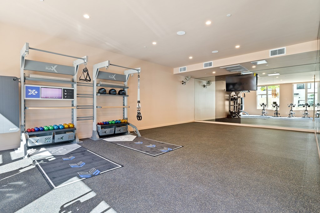 A gym with a variety of equipment including a treadmill, a weight rack, and a bench press.