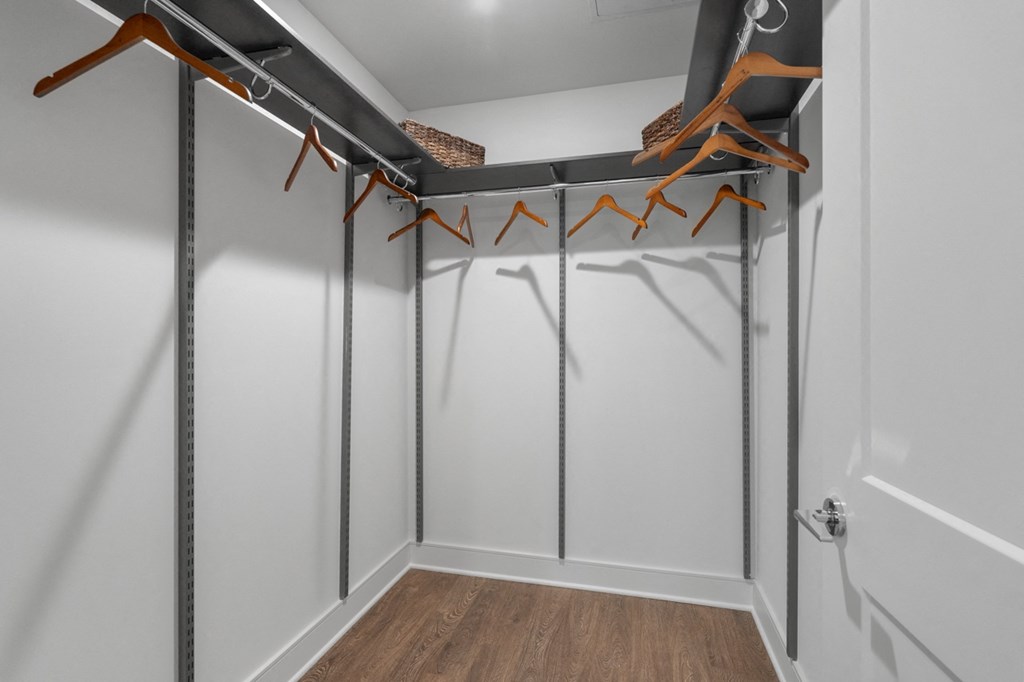 a walk in closet with grey walls and a white door  at Stanza Little Italy, San Diego, 92101