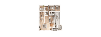 A top-down view of a house layout with multiple rooms and furniture.