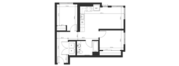 A floor plan of a room with dimensions and furniture layout.