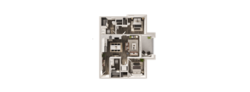 A detailed 3D floor plan of a house layout.