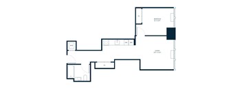 A floor plan of a living room, bedroom, and bathroom.