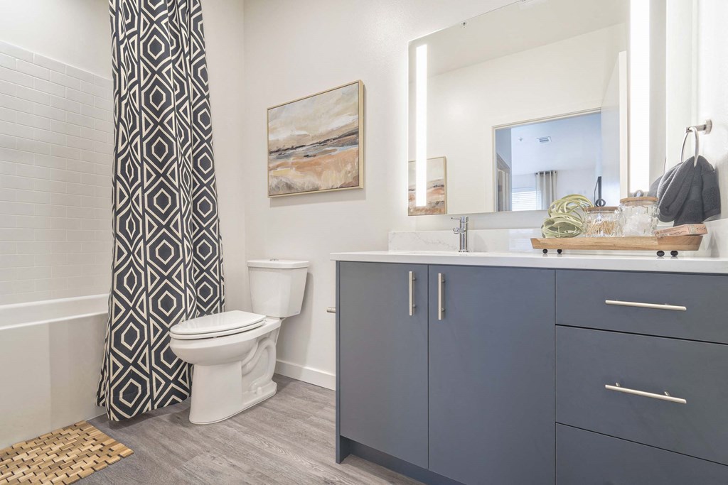 a bathroom with blue cabinets and a toilet and a sink