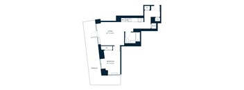 A floor plan of a house with a living room, bedroom, and terrace.