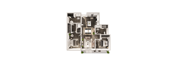 A floor plan of a house with multiple rooms and a garden.