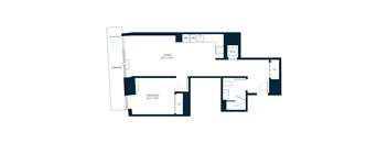 A floor plan of a living space with a bedroom and terrace.