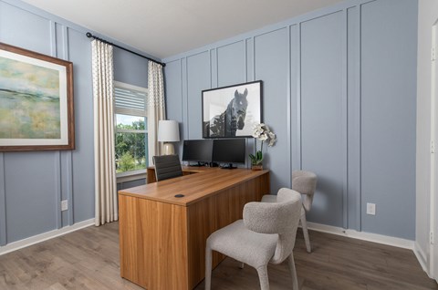 A room with a desk and chair in front of a painting.