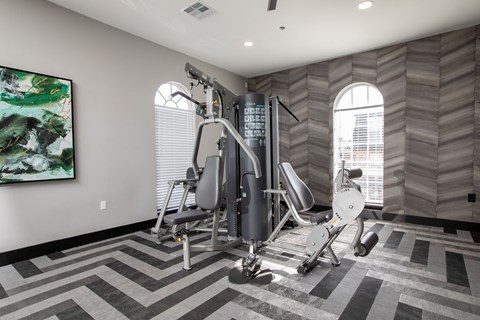 A gym room with a treadmill, weights, and a painting.