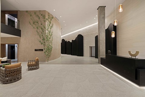 A long hallway with a green plant on the wall.