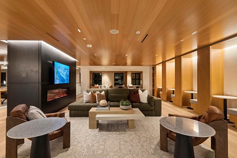 A modern living room with a fireplace and a television.