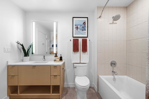 A bathroom with a white toilet, a sink, a bathtub, and a framed picture on the wall.