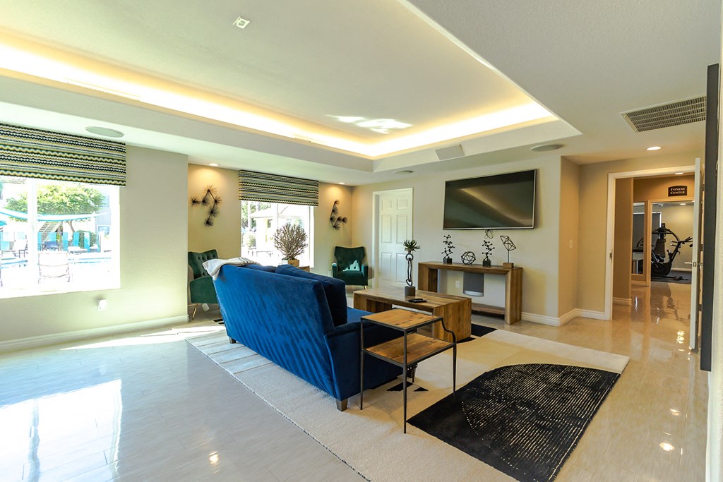 a living room with a blue couch and a black rug