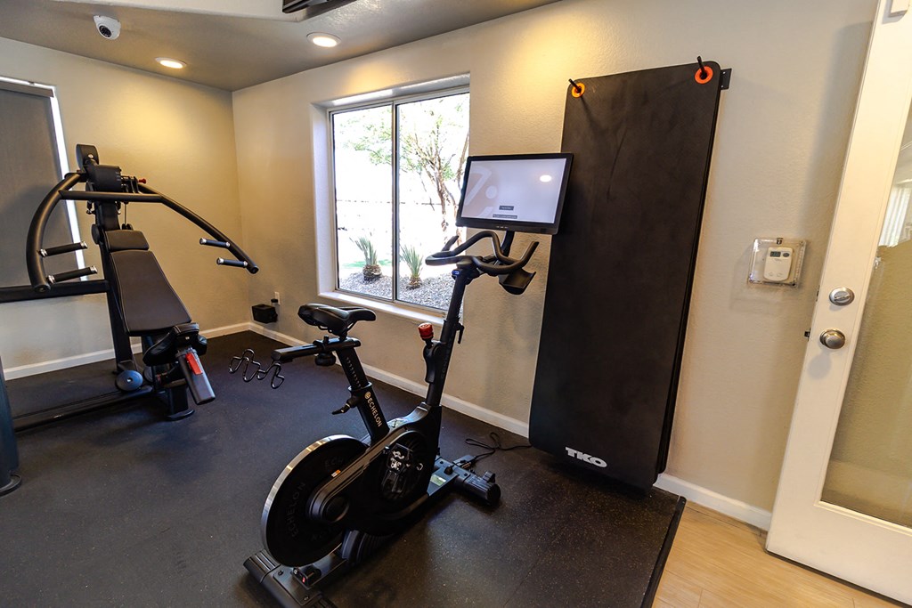 a home gym with an exercise bike and a computer