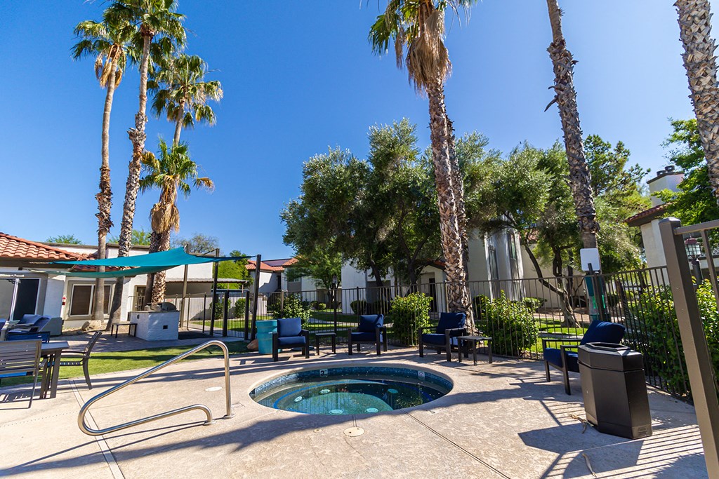 a hot tub sits in the middle of a patio with palm trees in the background