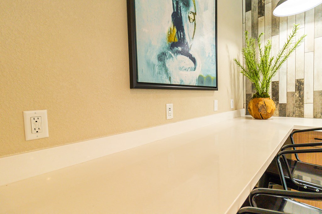 a kitchen counter with a potted plant and a painting on the wall