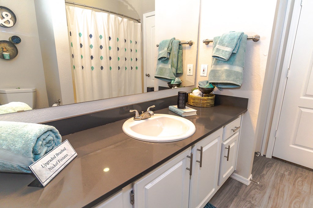 a bathroom with a sink and a mirror