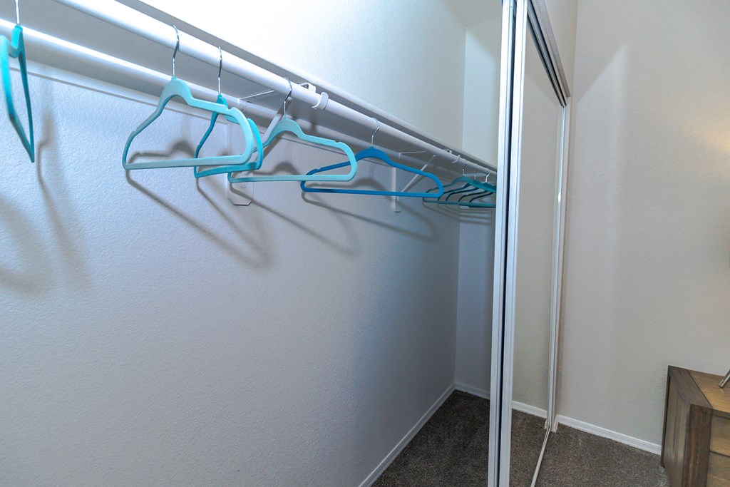a walk in closet with a mirrored wall and blue hangers