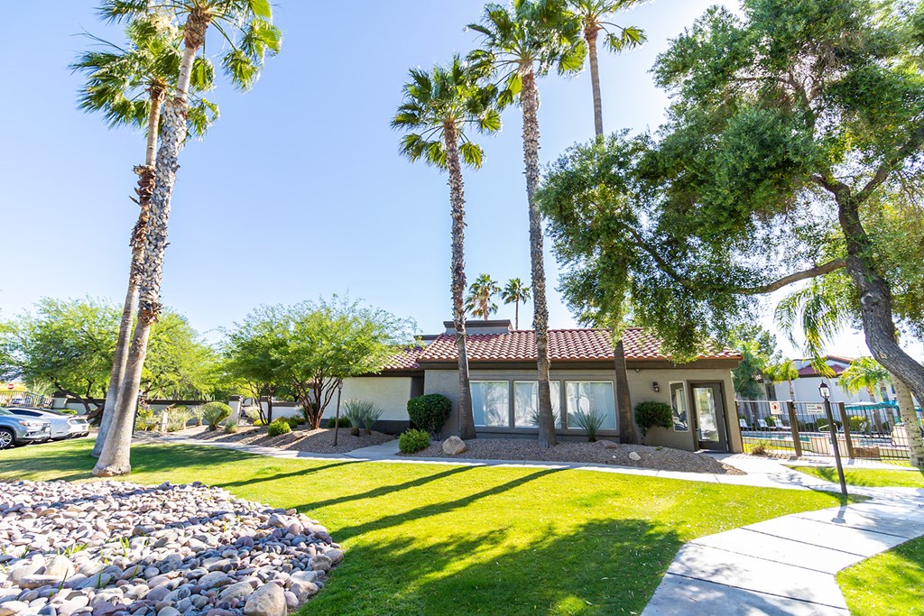 a house with palm trees in the background