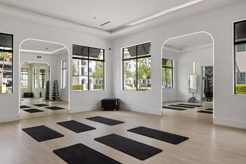 A yoga studio with black mats on the floor.