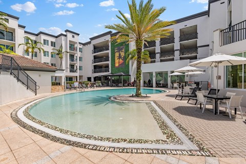 A palm tree stands in the middle of a pool surrounded by chairs and umbrellas.