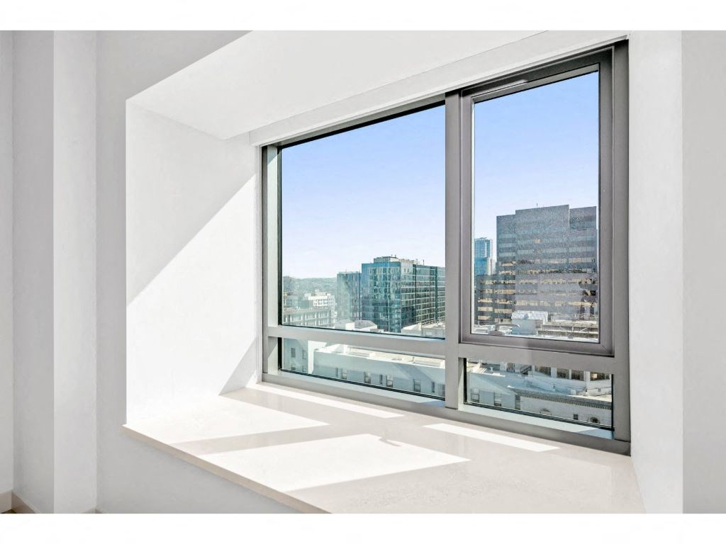 a large window with a view of a city