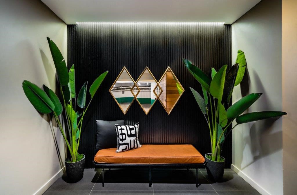 a seating area with a couch and plants