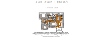 3 Bedroom 2 Bath Floor Plan at La Contessa Luxury Apartments, Texas, 78045