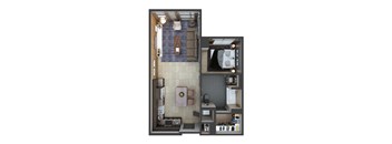 A top down view of a small apartment with a kitchen, living room, and bathroom.