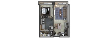 a floor plan of a room with a bathroom and a bed