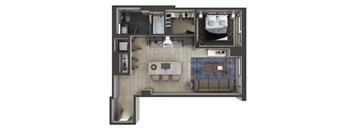 a 3d floor plan of a hotel room with a bedroom and a bathroom