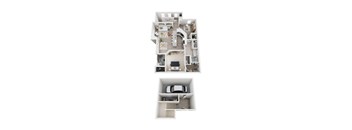 A floor plan of a two-story apartment with a living room, kitchen, and bedrooms.
