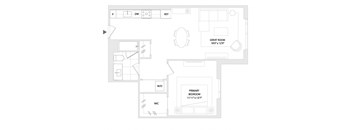 A floor plan of a house with a primary bedroom and a great room.