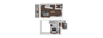 A top and bottom view of a living room with a fireplace and a dining table.