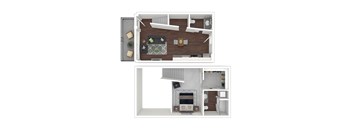 A top and bottom view of a modern living room with a fireplace.