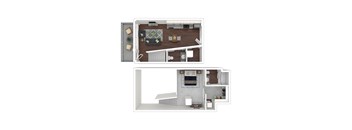 A top and bottom view of a small apartment with a kitchen, living room, and bedroom.