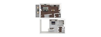 A top and side view of a small apartment with a kitchen, living room, and bathroom.